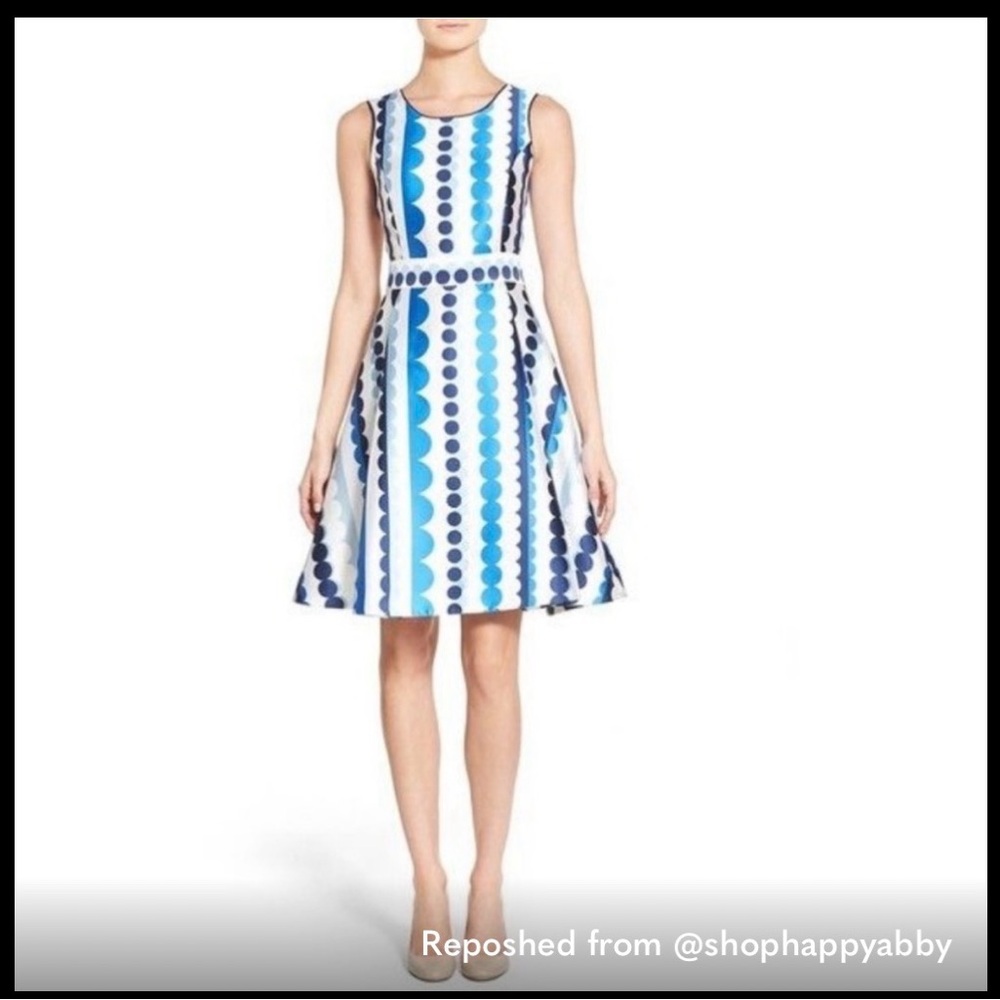 Pink Tartan sleeveless midi dress in navy and white scallop stripe